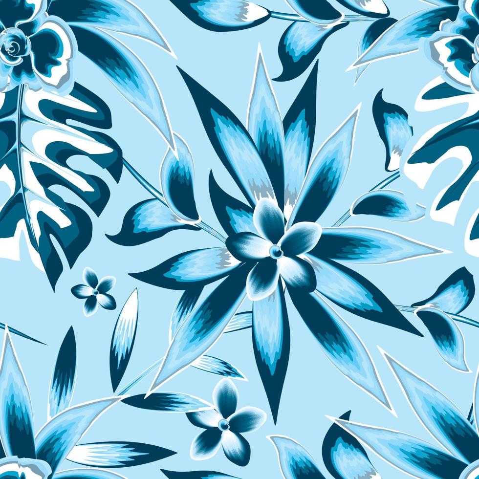 fondo botánico abstracto textura patrón sin costuras con follaje de planta de monstera tropical monocromática azul y flor de frangipani sobre fondo claro. fondo floral. trópico exótico. diseño de verano vector