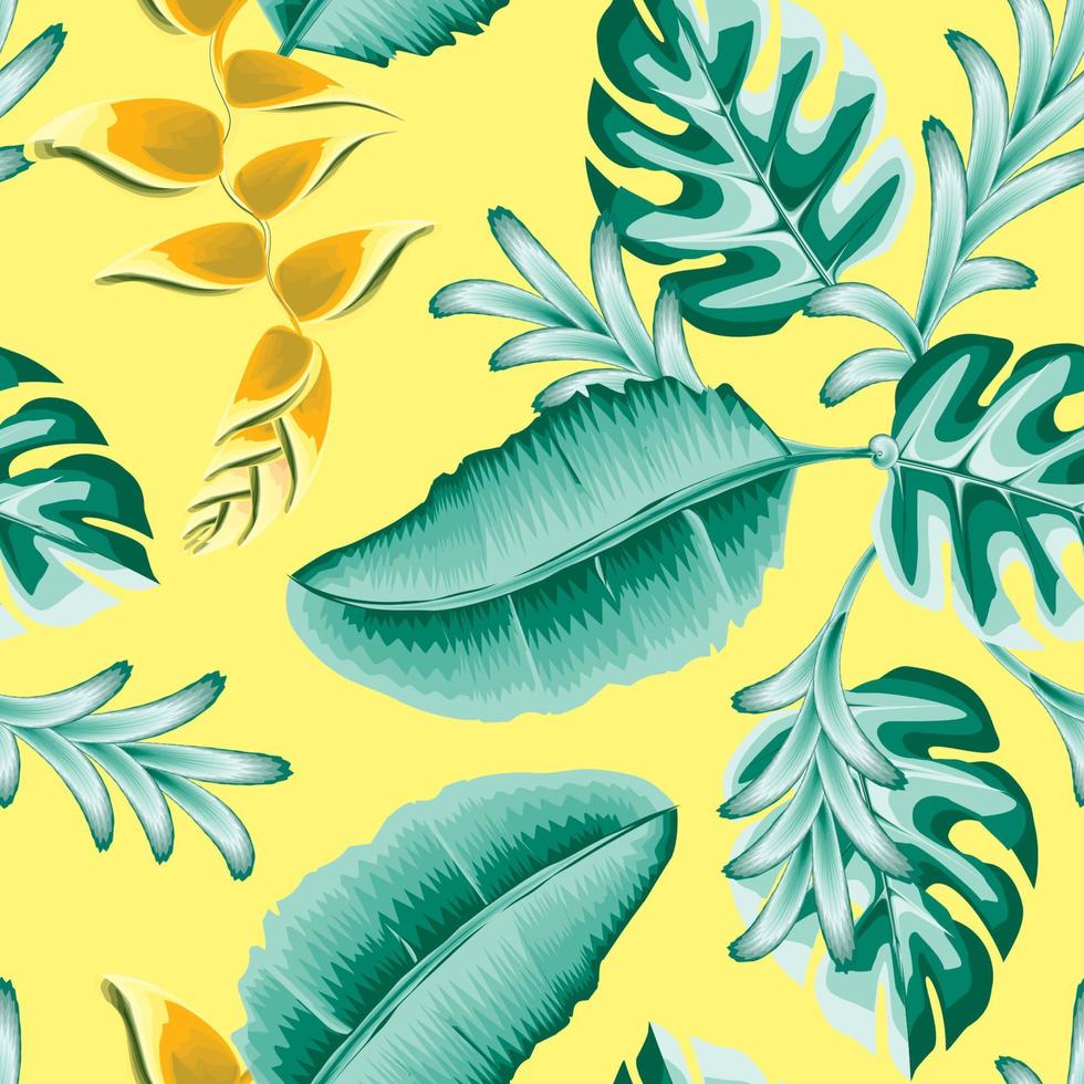 hojas tropicales de tono verde abstracto y flores de ave del paraíso de color amarillo anaranjado en el fondo claro. composición vectorial realista sin fisuras, patrón botánico de moda. fondo floral. el verano vector