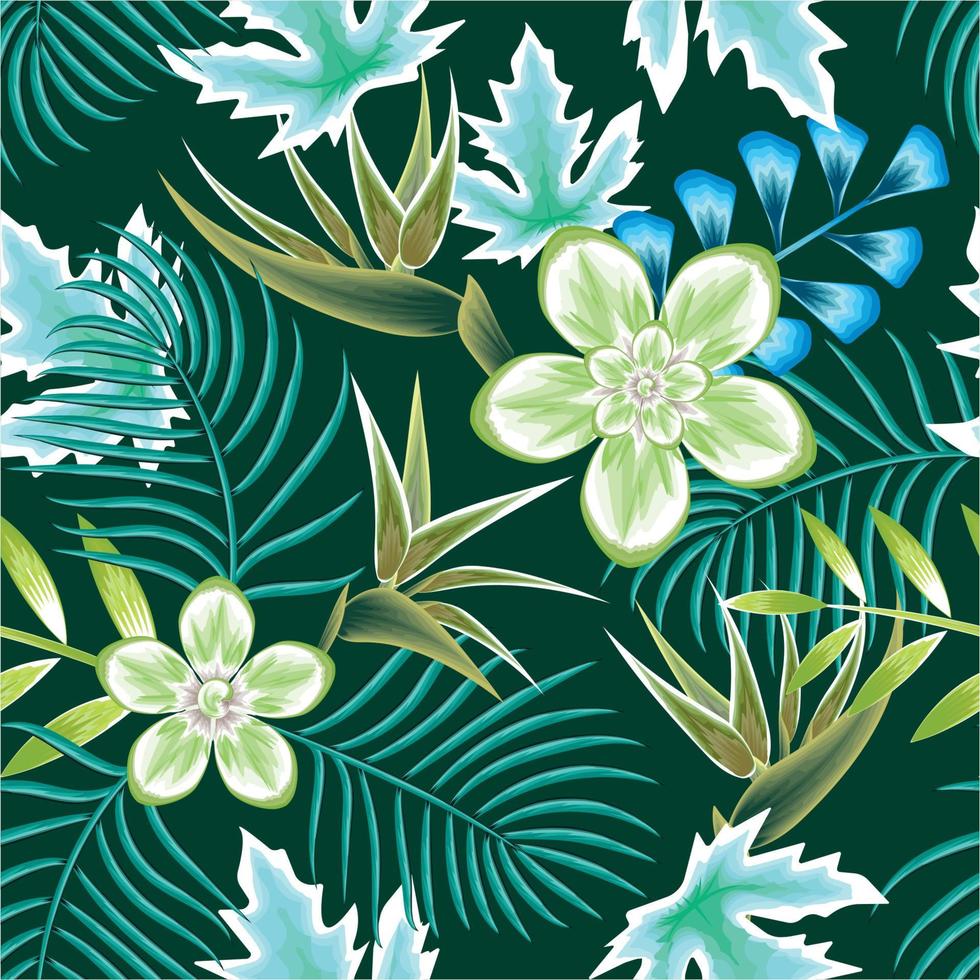 Abstract jungle illustration seamless pattern with tropical leaves and frangipani flowers plants foliage on dark background. Vector design. Jungle print. Floral background. Exotic wallpaper. Summer