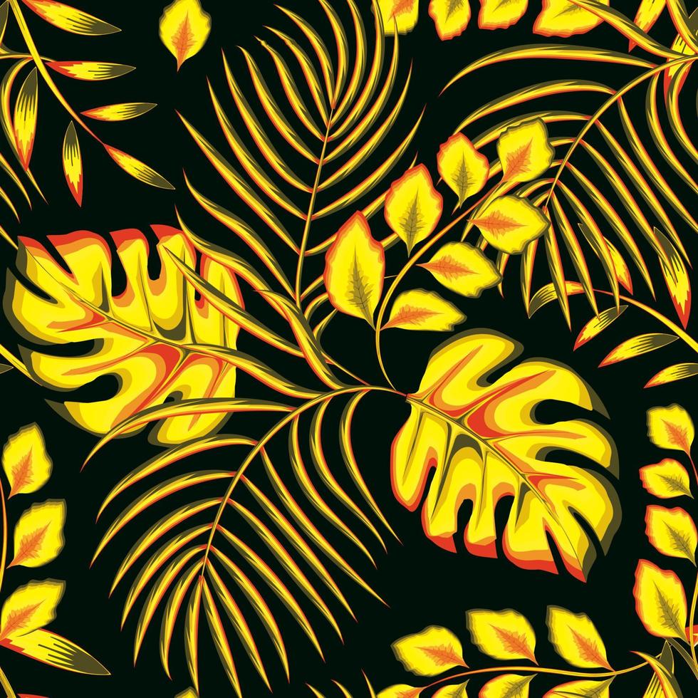 Hand drawn illustration with yellow tropical monstera palm leaves seamless pattern on dark. Template for print, textile, wallpaper cover and box design. Exotic Summer design. nature background. autumn vector