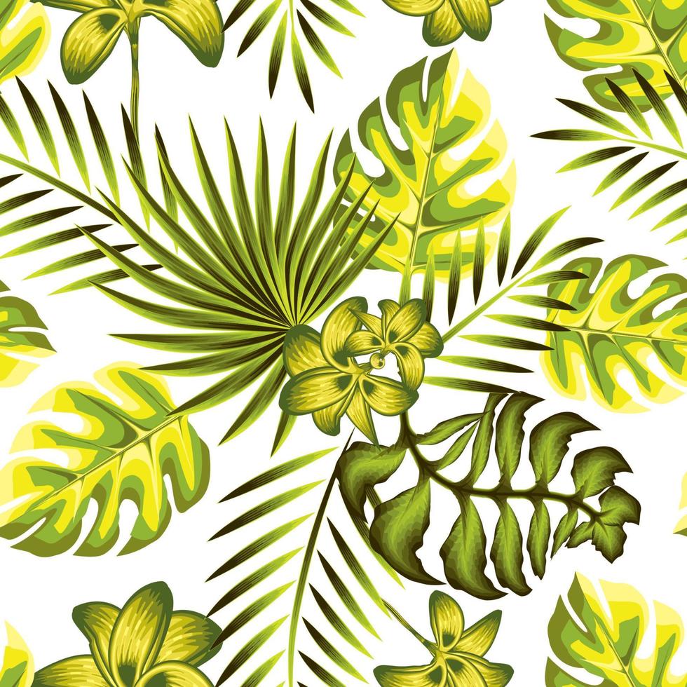 Summer trend seamless background with bright green monochromatic tropical leaves and plants on white background. Vector design. Jungle print. Floral background. Printing and textiles. Exotic tropics.