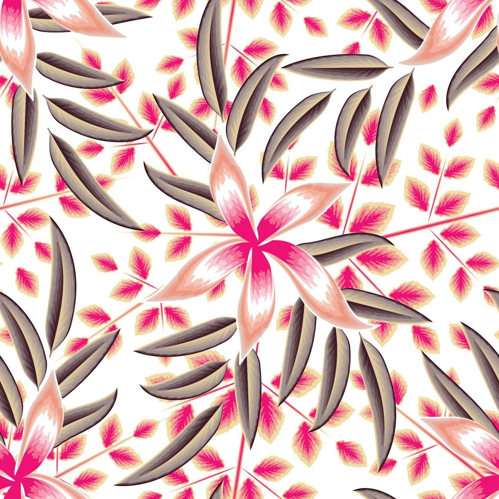 patrón floral otoñal sin costuras con coloridas hojas de plantas tropicales y follaje de flores rosas sobre fondo blanco. diseño vectorial impresión de la selva. fondo floral. trópico exótico. diseño de verano. primavera vector