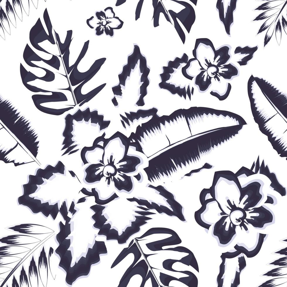 vintage monochromatic color style banana fern leaves seamless pattern with tropical monstera plants foliage and jasmine flower on white background. Floral background. print texture. Summer. autumn vector