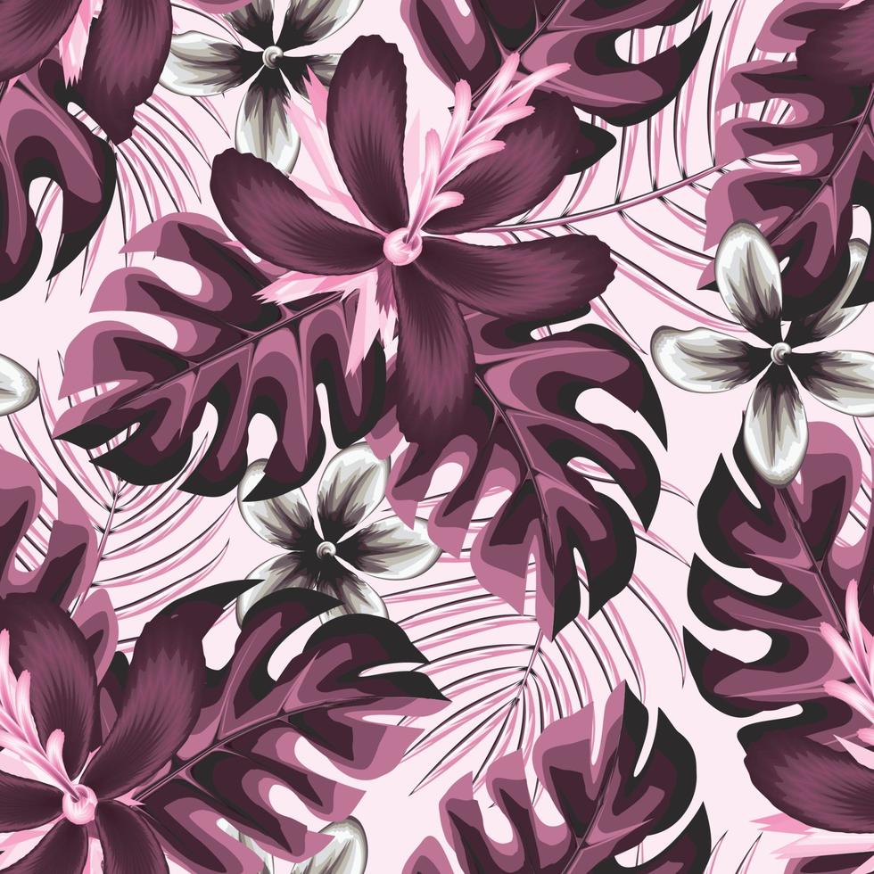 hojas de monstera abstractas de patrones sin fisuras con hojas de palma y hbiscus, follaje de plantas de flores de frangipani sobre un fondo claro. colorido floral con estilo. fondo floral. trópicos exóticos. el verano vector