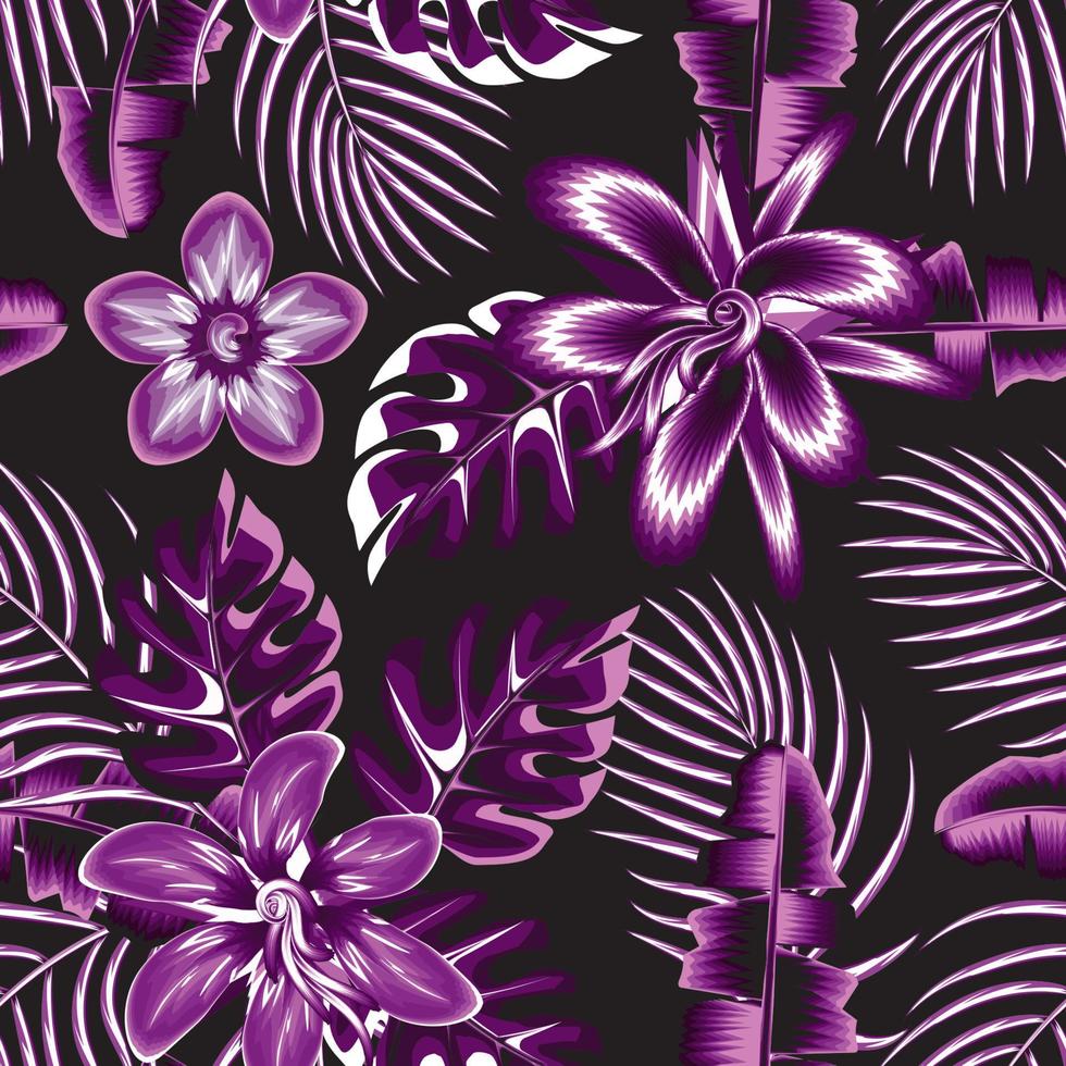 abstract night jungle illustration seamless pattern with purple monochromatic tropical banana palm leaves and hibiscus flowers plant foliage on night background. Floral background. Exotic Summer. art vector
