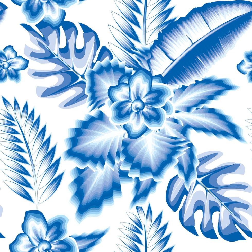 natural interior decorative seamless pattern with blue monochromatic color style tropical abstract jasmine flower plant foliage and banana monstera fern leaves. Floral background. Summer print. fall vector