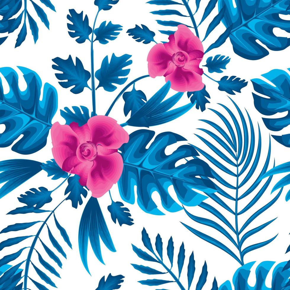 blue abstract monochromatic style seamless pattern with tropical monstera fern leaves and pink flower plants foliage on white background. fashionable prints texture. Floral background. Exotic Summer vector