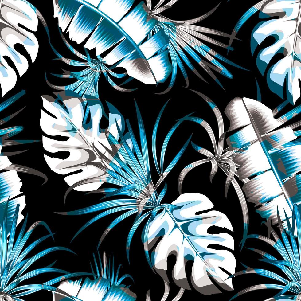 patrón decorativo natural sin fisuras con monstera, hojas de plátano y follaje sobre fondo nocturno. textura transparente de moda. trópicos exóticos. diseño de verano. papel pintado tropical. otoño. primavera. otoño vector