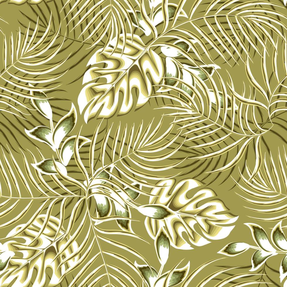 abstract seamless pattern with vintage color tropical plants leaves and foliage on green background. Vector design. Jungle print. Floral background. Printing and textile. Exotic tropic. autumn. fall