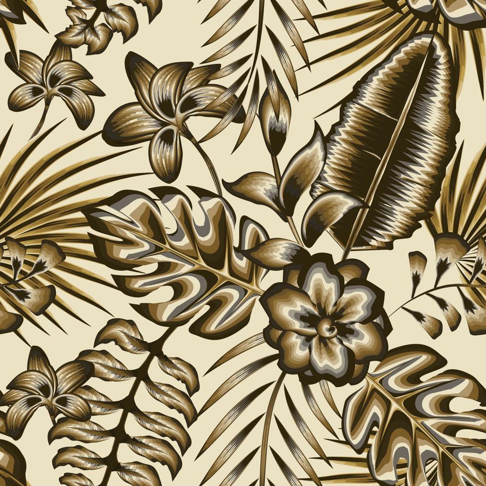 gold vintage jungle illustration in monochromatic color style tropical plants leaves and foliage with jasmine flowers on light background. fashionable texture. Floral background. Exotic wallpaper vector