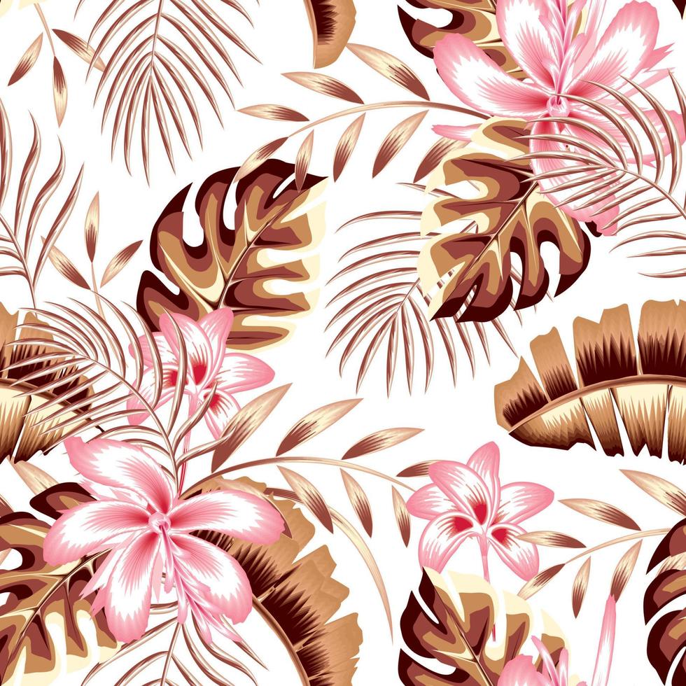 autumn seamless background with colorful pink floral, brown monstera palm leaves and banana tree seamless pattern on white background. Floral background. Exotic tropics. Summer design. spring. nature vector