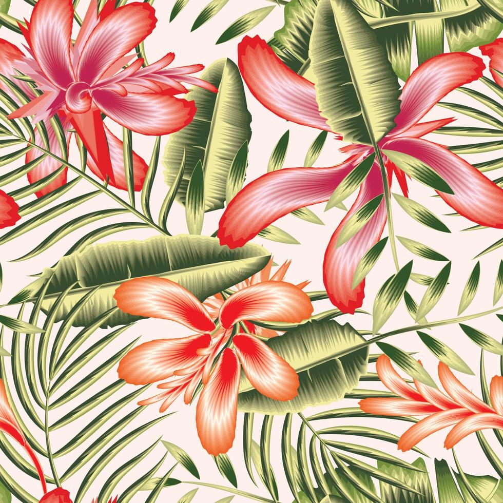 Seamless floral pattern with pink tropical hibiscus flowers plants foliage and banana palm leaves on white background. monochromatic hand drawn illustration. Floral background. Summer design. autumn vector