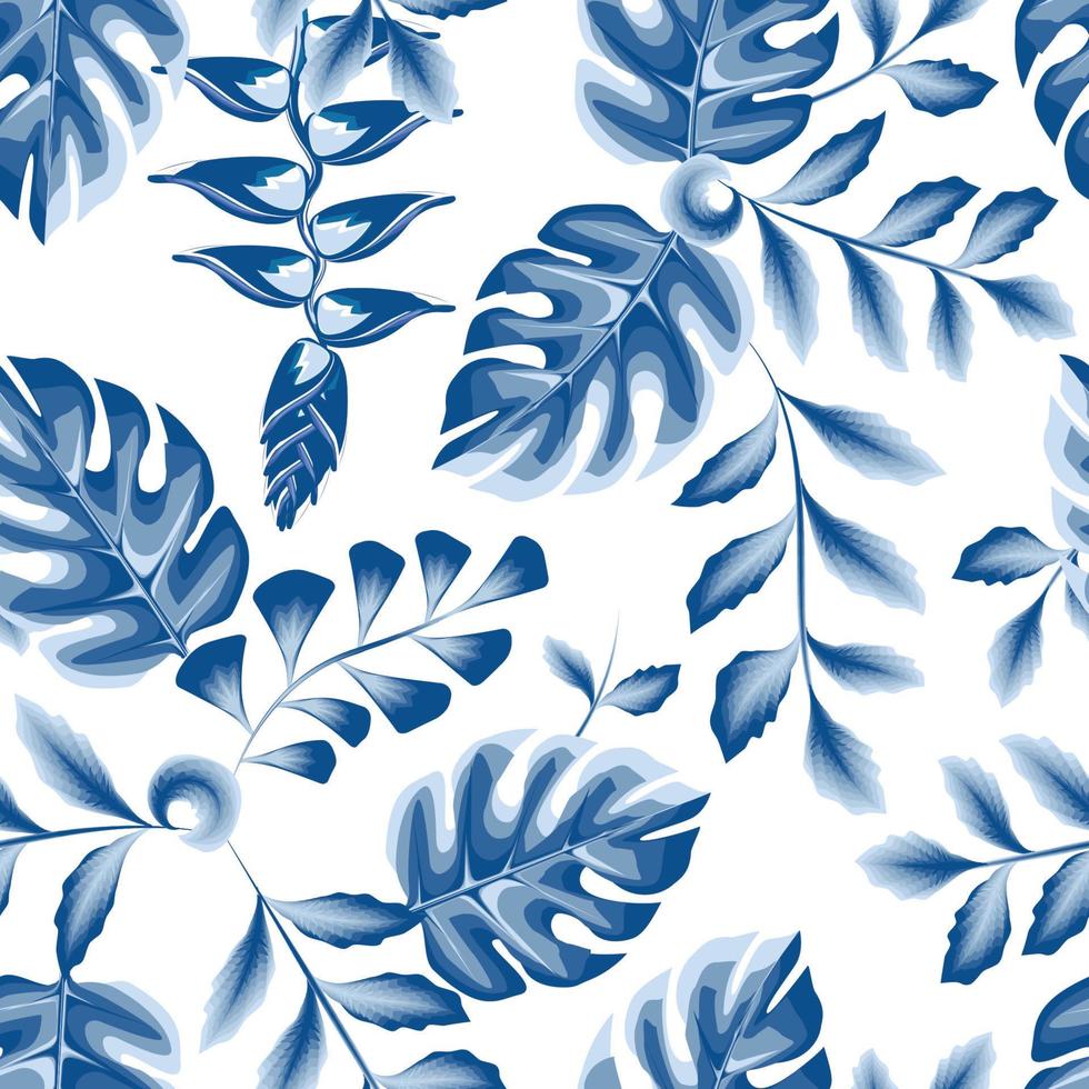 foliage seamless tropical pattern with blue monochromatic style plant leaves and heliconia flower on white background. Beautiful exotic plant. Trendy summer Hawaii print. jungle wallpaper. spring. vector