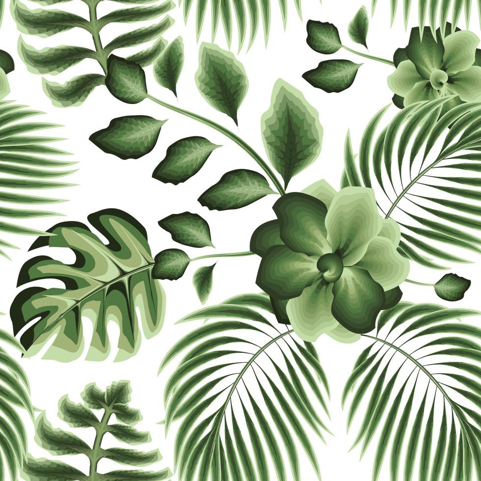 green natural rainforest illustration seamless pattern with tropical plant leaves and jasmine flower foliage in monochromatic style on white background. Floral wallpaper. Summer. autumn. spring. fall vector