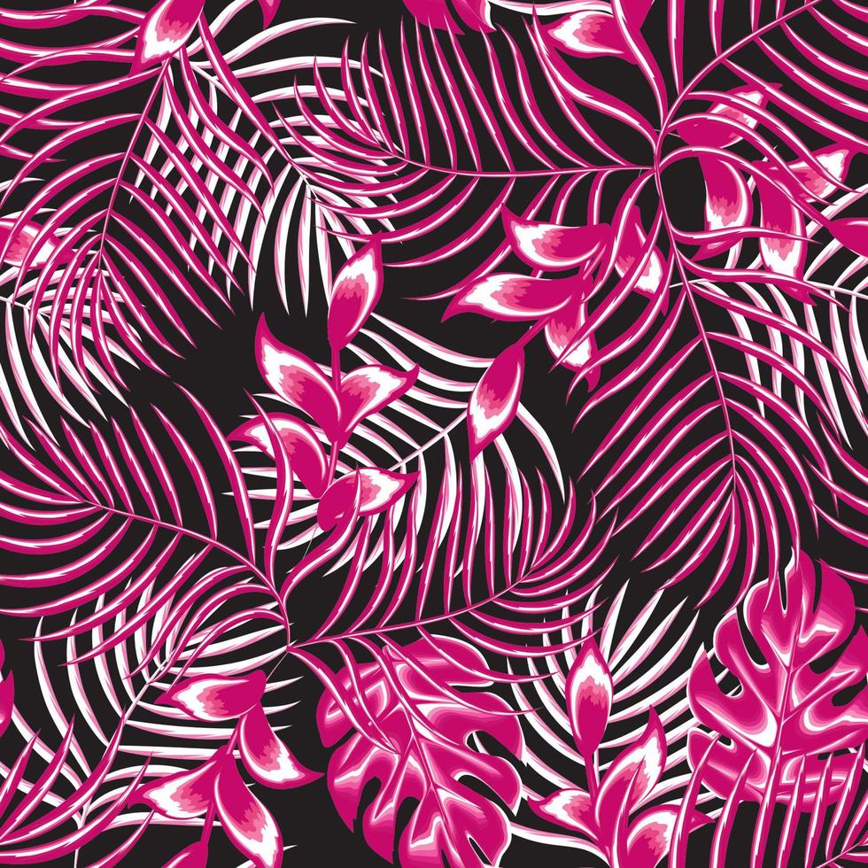 vector seamless tropical pattern composition with shine pink plants leaves and foliage on dark background. Seamless exotic pattern with tropical plants. Exotic wallpaper. Trendy summer Hawaii print.