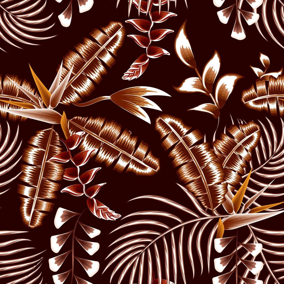 fondo de vector de ilustración de naturaleza vintage decorativo con hermosas hojas de palma de plátano tropical y flor de heliconia, follaje de planta de strelitzia sobre fondo oscuro. textura de impresión de moda. el verano