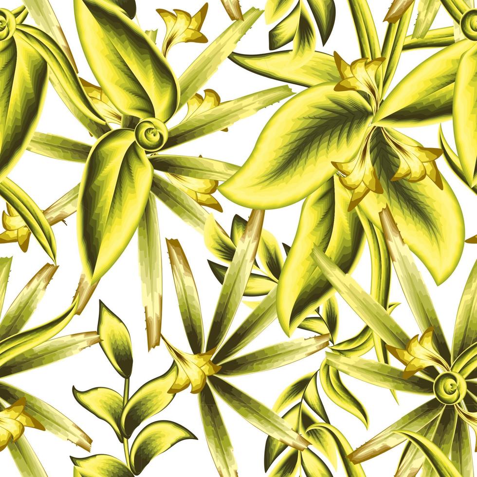 Ilustración de patrones sin fisuras de follaje botánico verde con hojas de plantas tropicales y flores sobre fondo blanco. fondo floral. trópicos exóticos. diseño de verano. decoración de fondo de pantalla. diseño natural vector