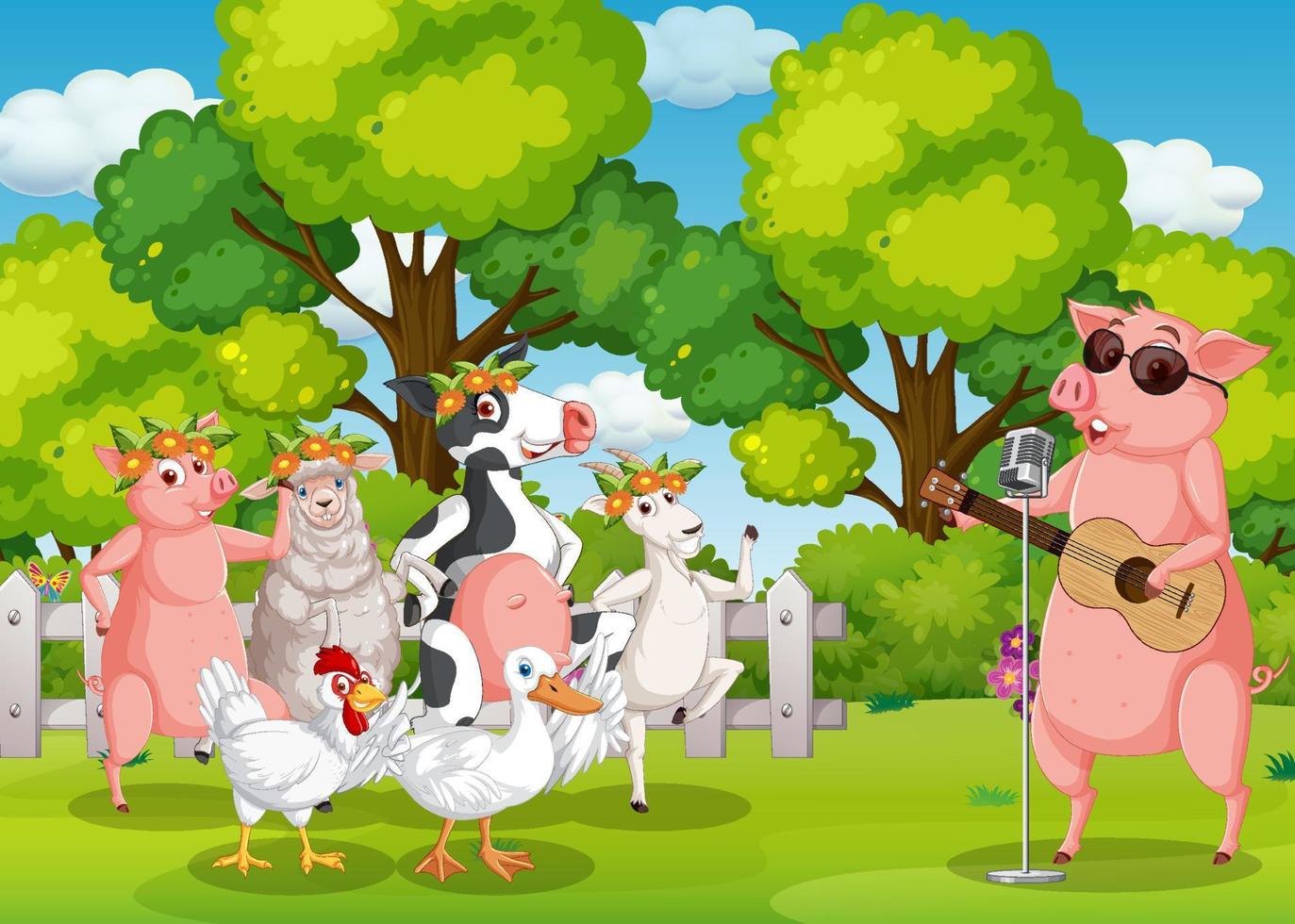 fondo de granja con animales felices vector