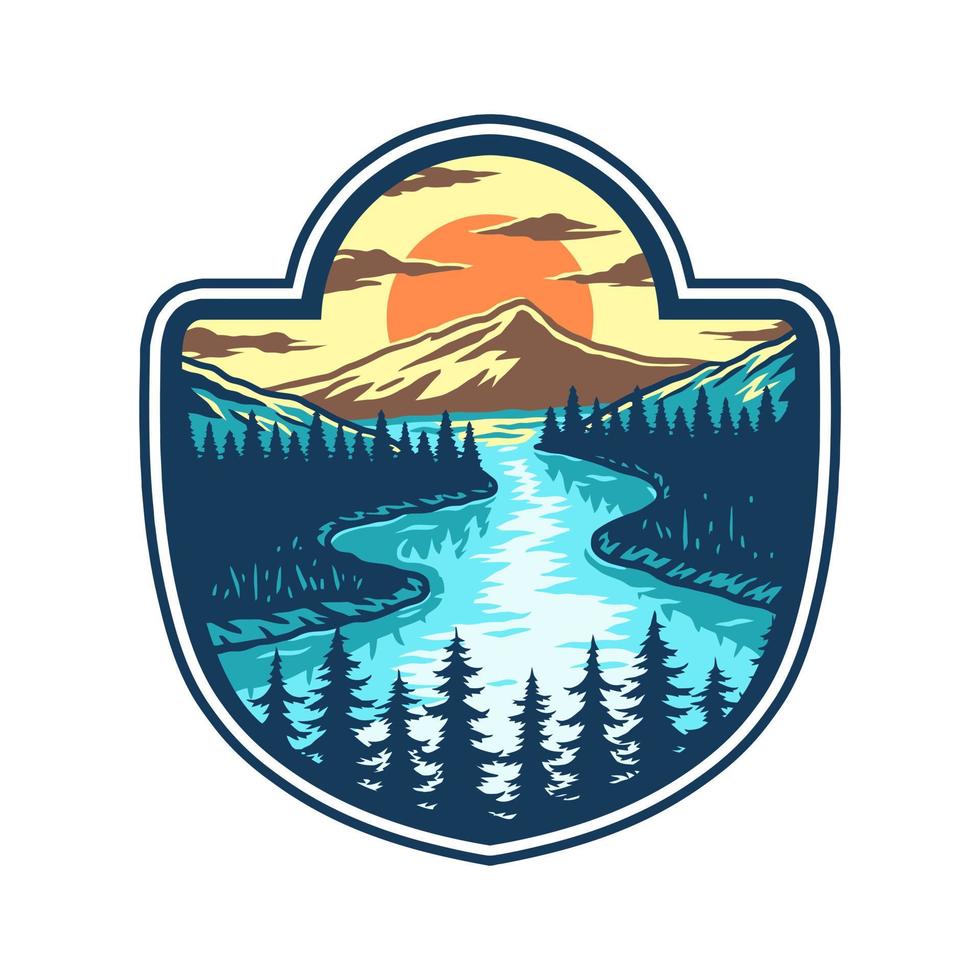 Vector illustration of lake, mountain and sunset