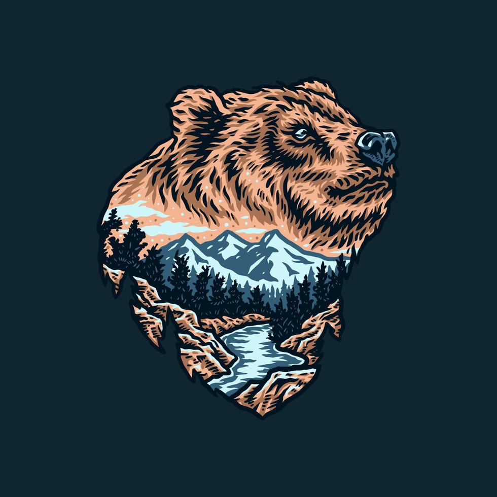 Vector drawing of bear forest landscape, hand drawn line style with digital color