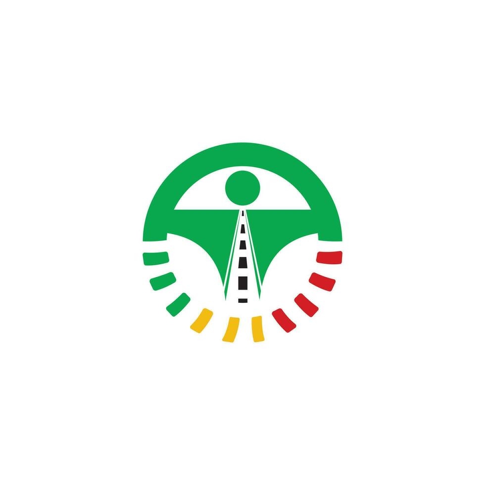 Driving school logo design. Steering wheel with road and speedometer logo. vector
