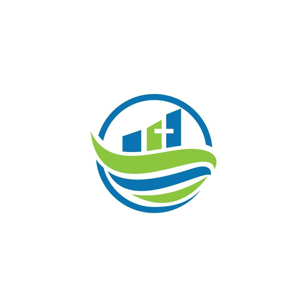 Christian church vector logo design. Cross and wave for religious business.