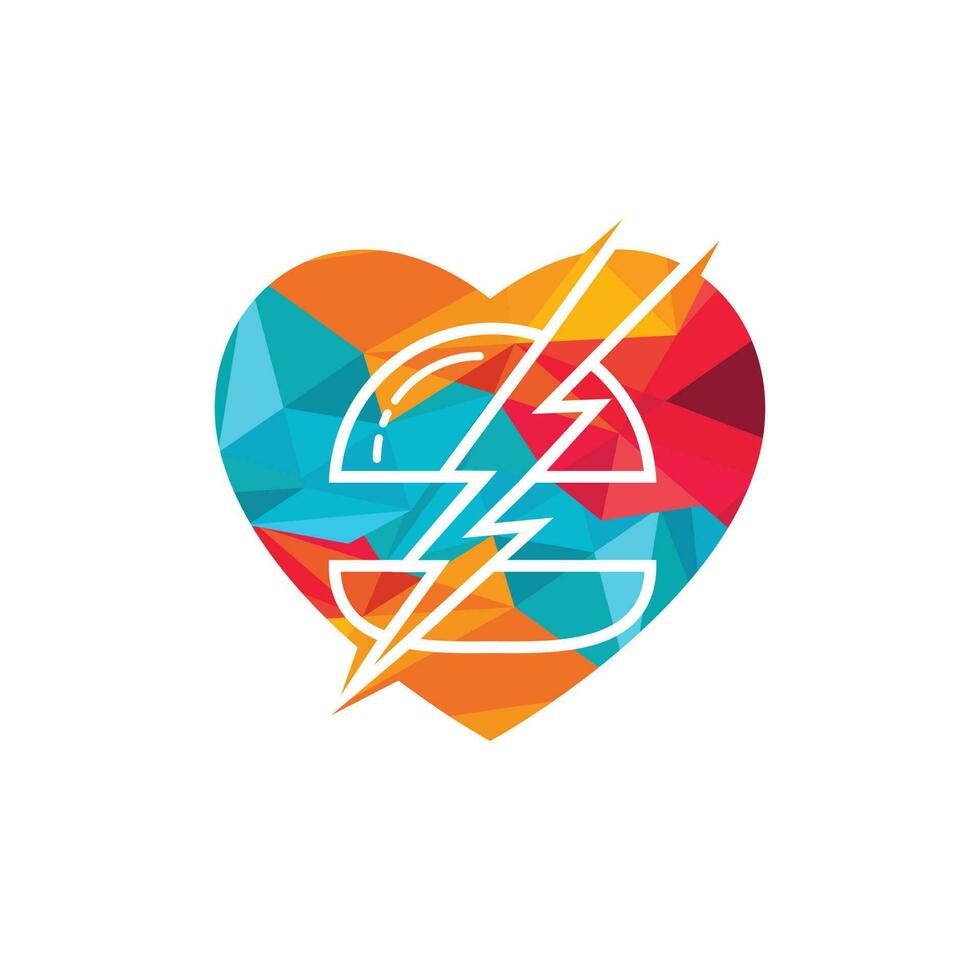Flash burger vector logo design. Burger with thunderstorm and heart icon logo.