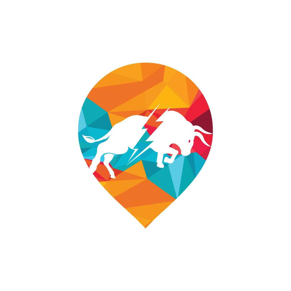Bull with thunder and pointer pin logo design. Flash electric energy in bull. vector