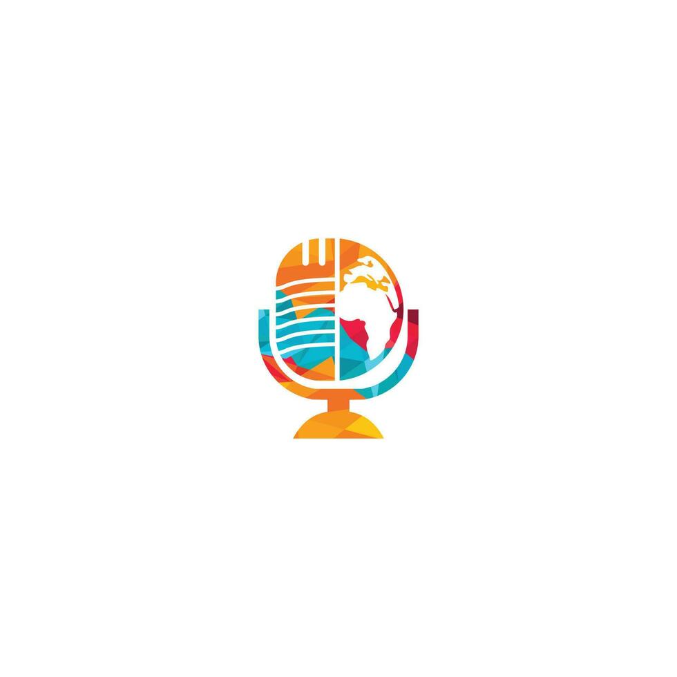 diseño de logotipo de podcast global. Ilustración de vector de plantilla de logotipo de empresa de entretenimiento de difusión.