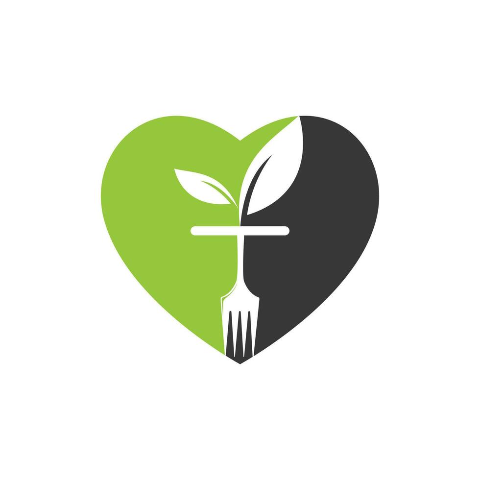 Healthy food logo template. Heart with fork and leaf symbol. vector