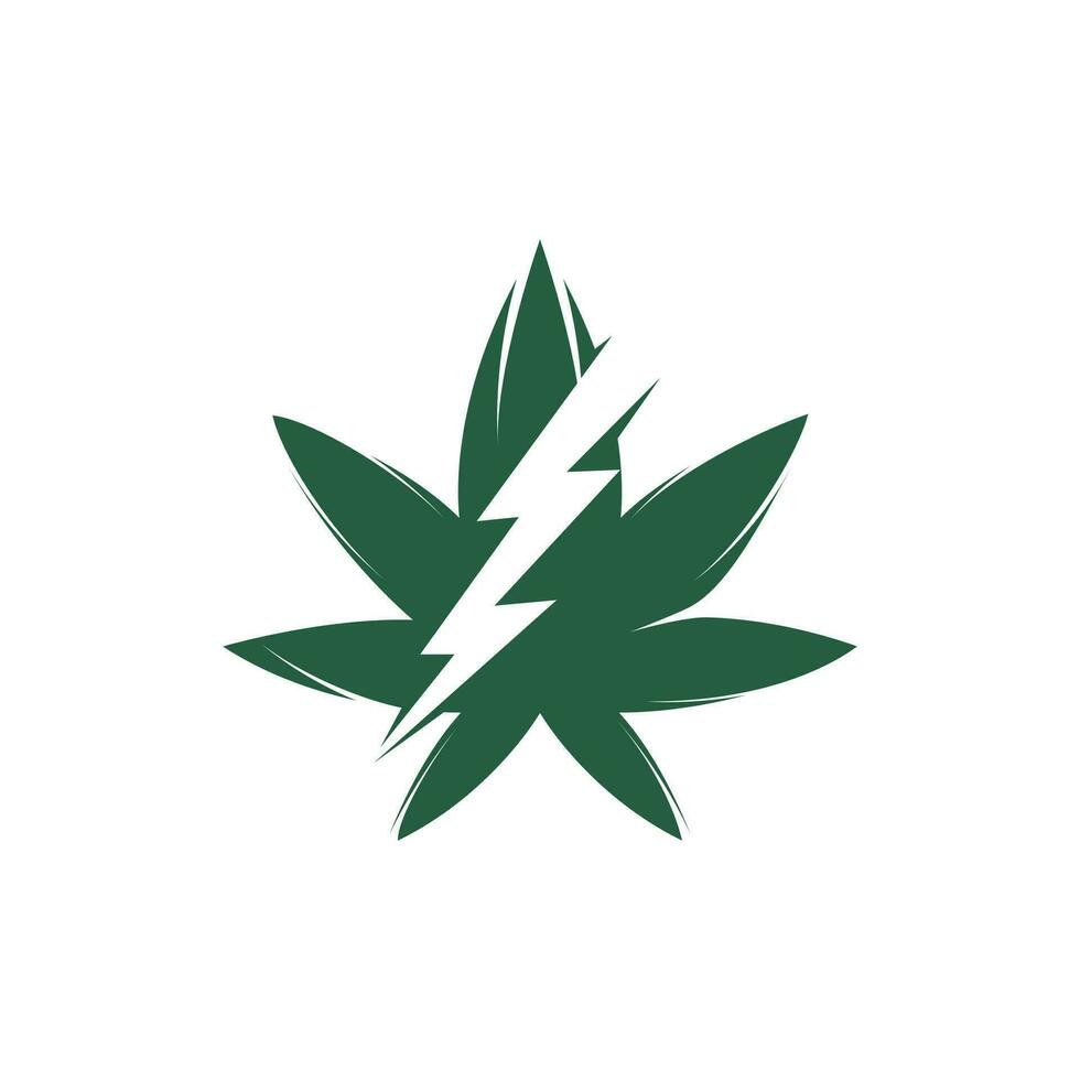 diseño del logotipo del vector de trueno de marihuana. icono del logotipo de la hoja de cannabis o marihuana con perno de iluminación.