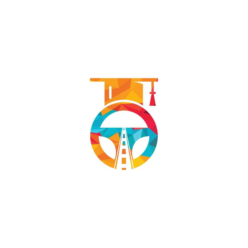 Driving school logo design. Steering wheel with road and graduation cap icon. vector