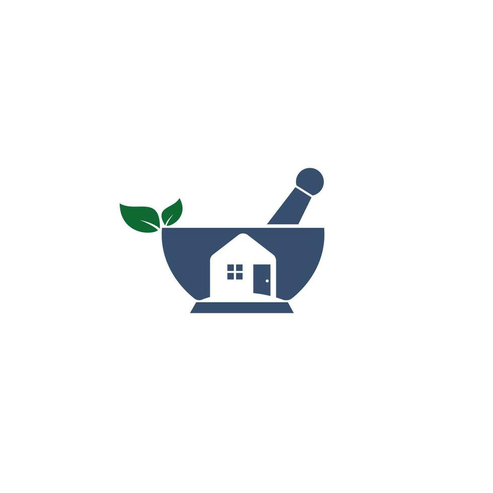 Pestle and mortar and home icon logo. Medicine home delivery service logo concept. vector