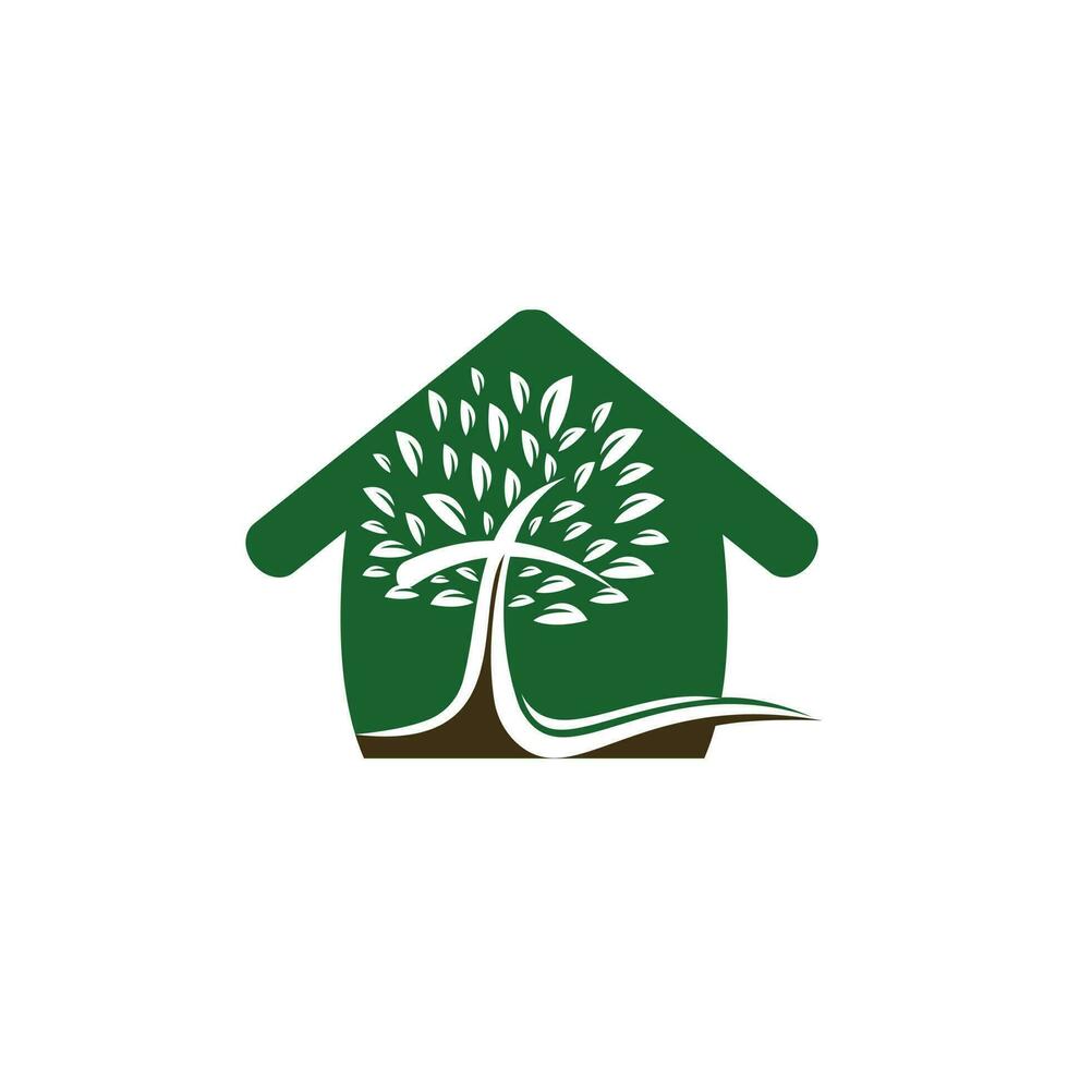 diseño de vector de icono de símbolo de cruz religiosa de hogar y árbol abstracto.