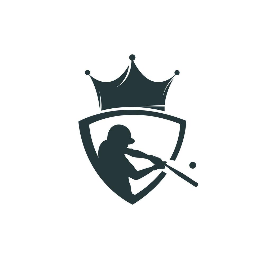 diseño del logotipo del vector del rey del béisbol. jugador de béisbol y plantilla de diseño de icono de corona.