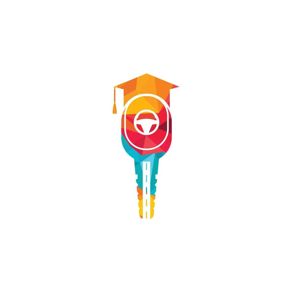 diseño del logotipo de la escuela de conducción. llave de coche con icono de carretera, volante y gorra de graduación. vector