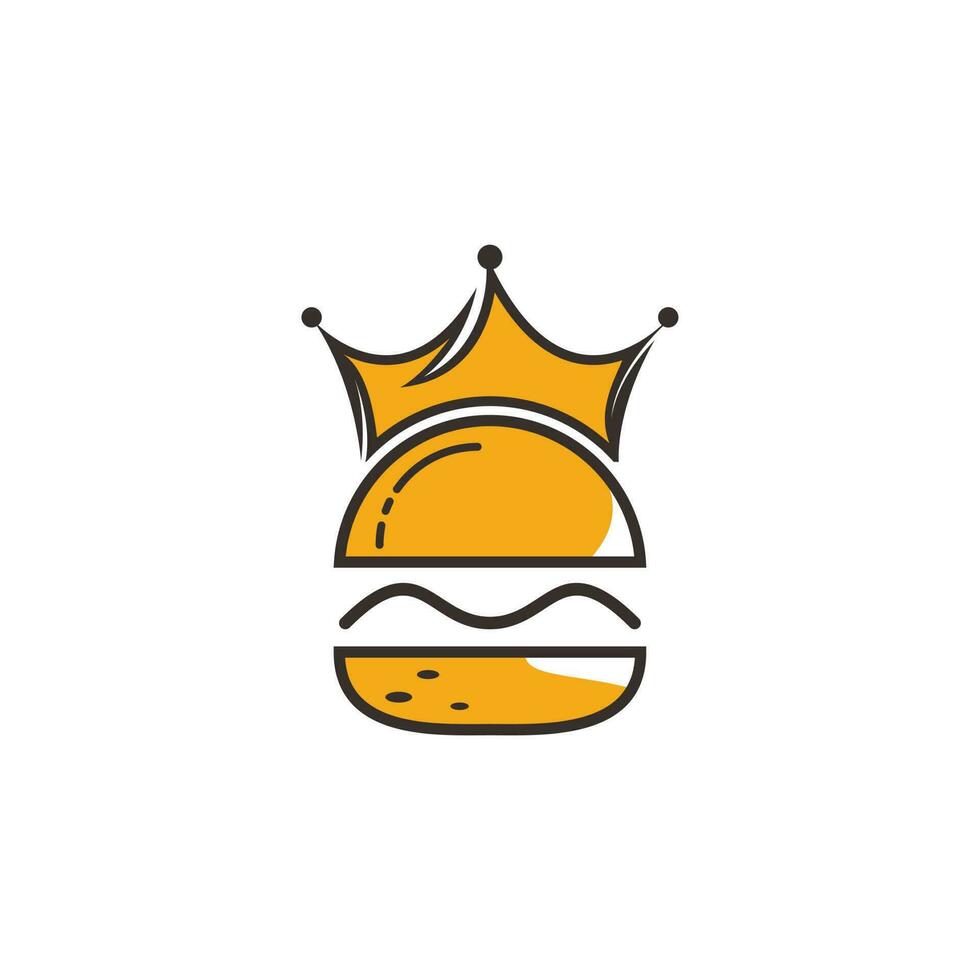 diseño del logotipo vectorial del rey de las hamburguesas. hamburguesa con concepto de logotipo de icono de corona. vector