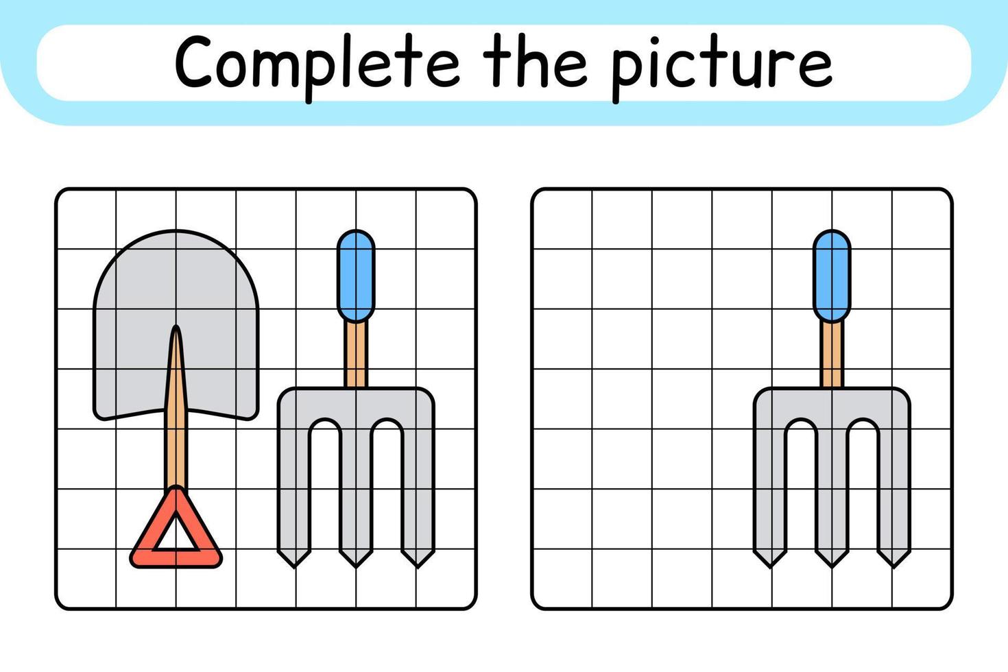 Complete the picture pitchfork and shovel. Copy the picture and color. Finish the image. Coloring book. Educational drawing exercise game for children vector