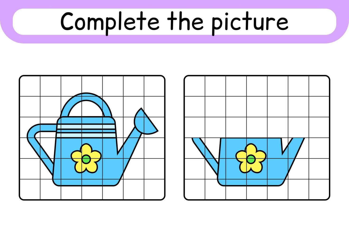 Complete the picture watering can. Copy the picture and color. Finish the image. Coloring book. Educational drawing exercise game for children vector