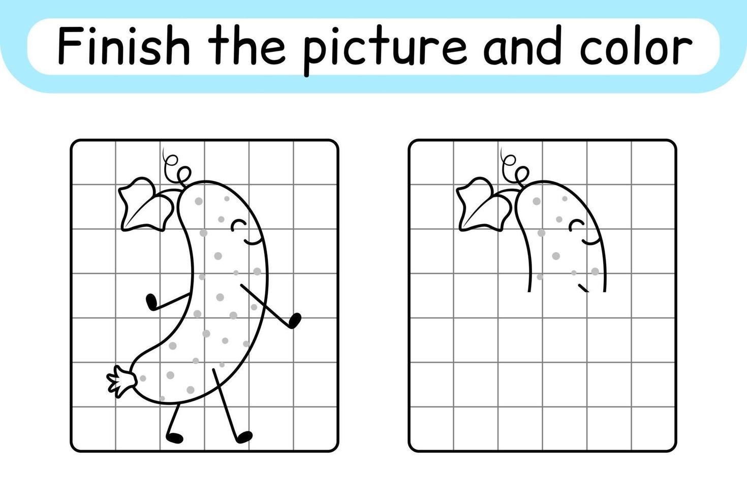 Complete the picture cucumber. Copy the picture and color. Finish the image. Coloring book. Educational drawing exercise game for children vector