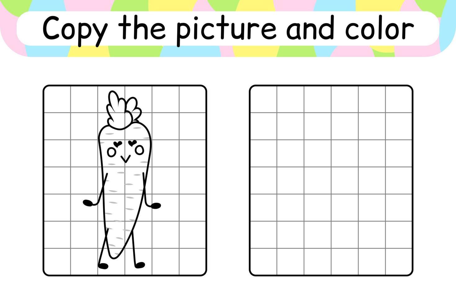 copia la imagen y colorea la zanahoria. completa la imagen terminar la imagen. libro de colorear. juego educativo de ejercicios de dibujo para niños vector