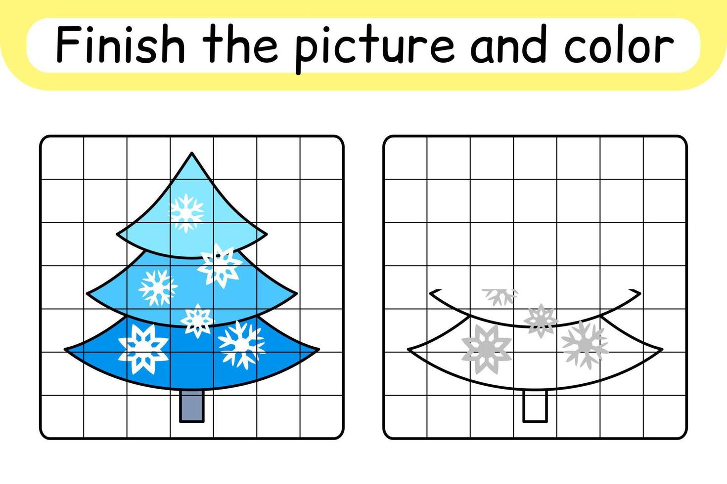 Complete the picture christmas tree. Copy the picture and color. Finish the image. Coloring book. Educational drawing exercise game for children vector