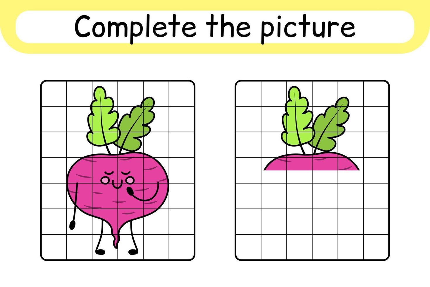 Complete the picture beetroot. Copy the picture and color. Finish the image. Coloring book. Educational drawing exercise game for children vector