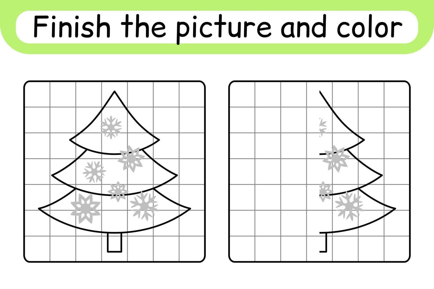 completa el cuadro árbol de navidad. copiar la imagen y el color. terminar la imagen. libro de colorear. juego educativo de ejercicios de dibujo para niños vector