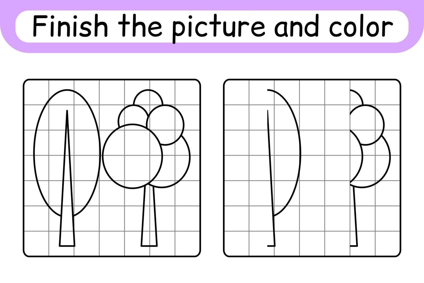 completa el árbol de imágenes. copiar la imagen y el color. terminar la imagen. libro de colorear. juego educativo de ejercicios de dibujo para niños vector