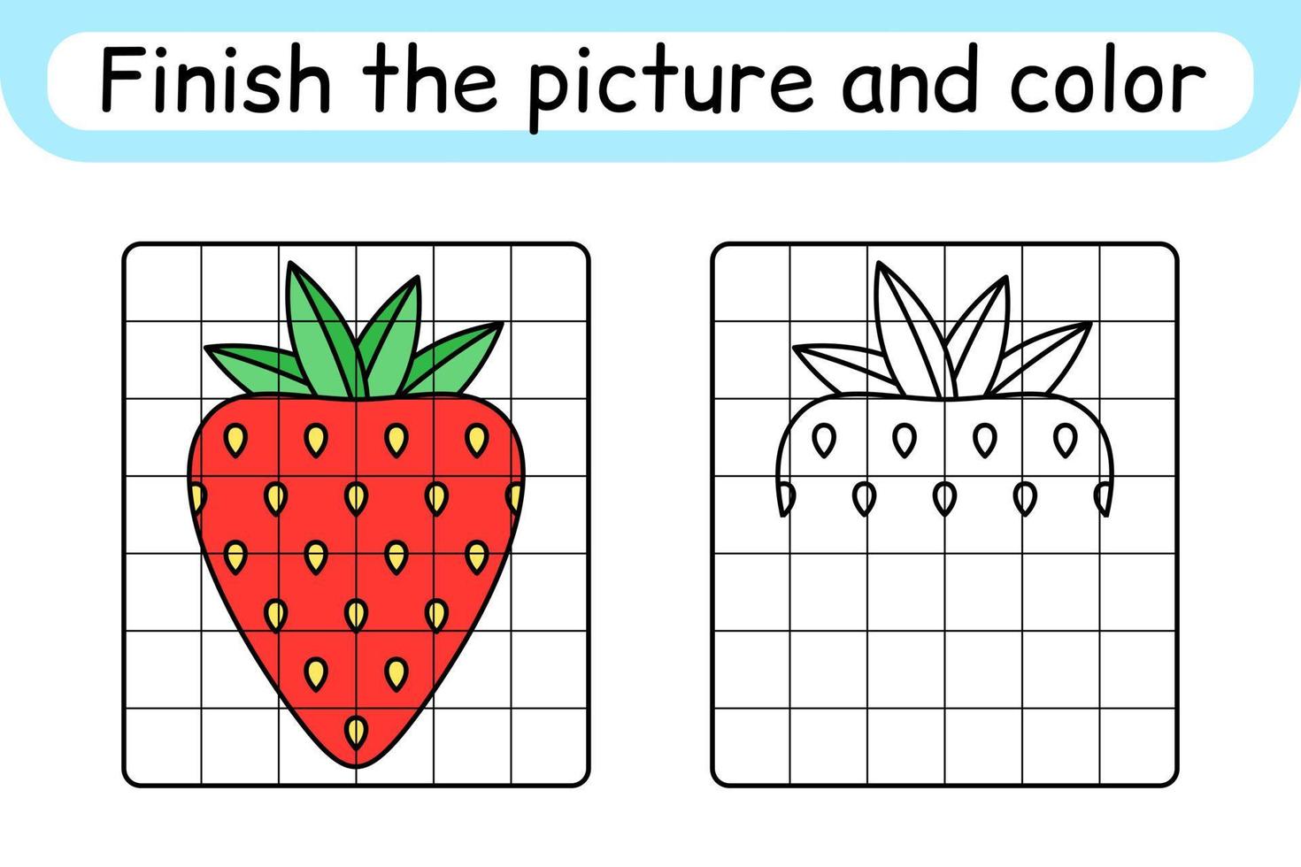 Complete the picture strawberry. Copy the picture and color. Finish the image. Coloring book. Educational drawing exercise game for children vector