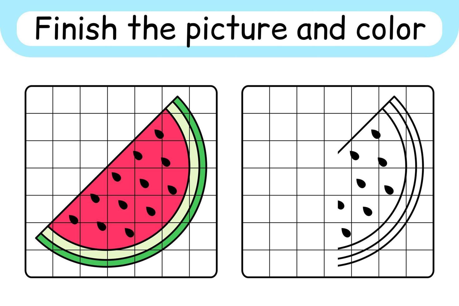 Complete the picture watermelon. Copy the picture and color. Finish the image. Coloring book. Educational drawing exercise game for children vector