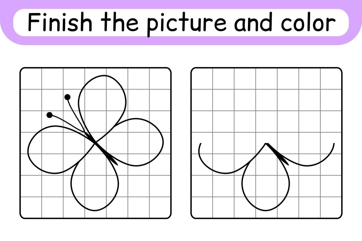 Completa la imagen de la mariposa. copiar la imagen y el color. terminar la imagen. libro de colorear. juego educativo de ejercicios de dibujo para niños vector