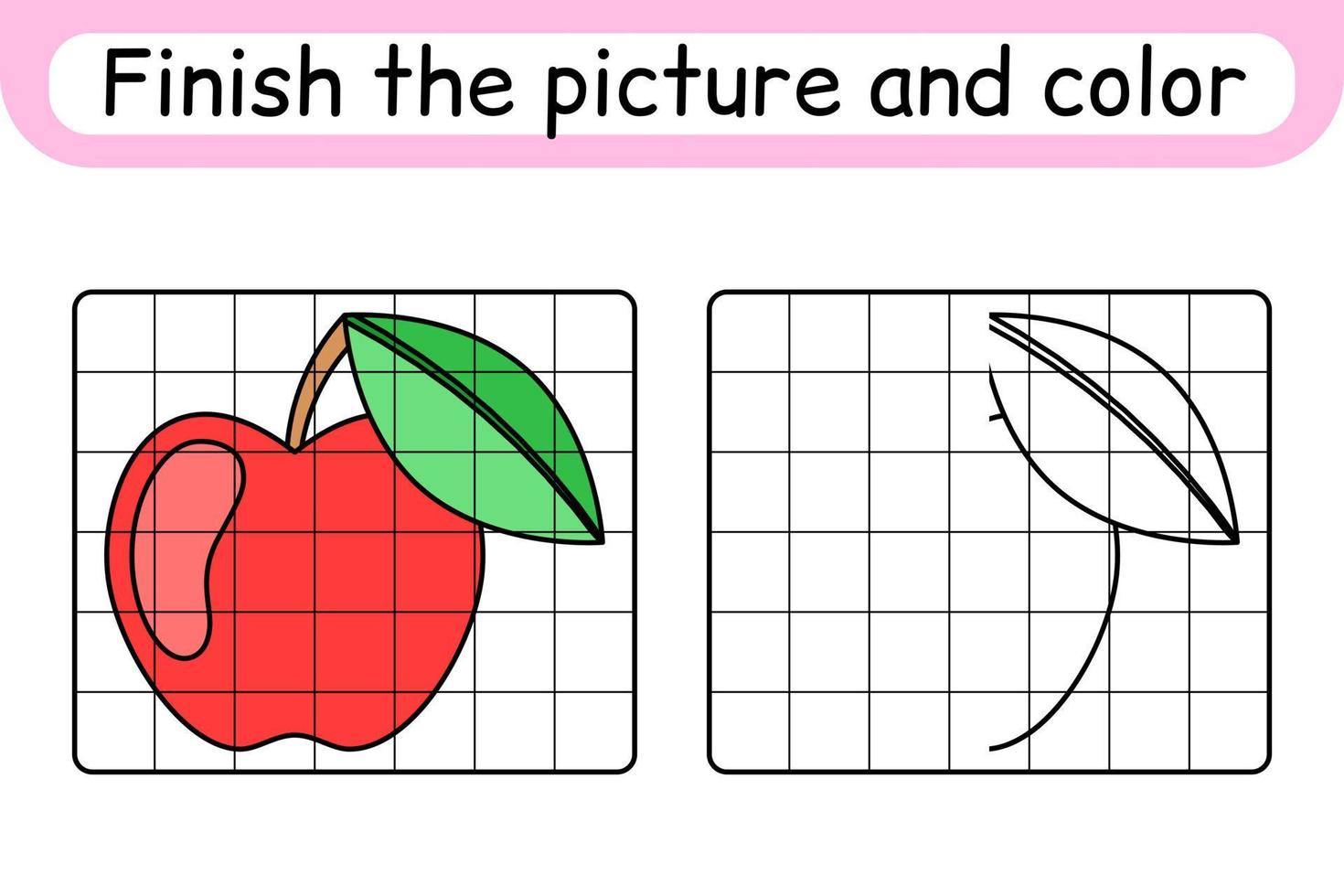 completa la imagen de la manzana. copiar la imagen y el color. terminar la imagen. libro de colorear. juego educativo de ejercicios de dibujo para niños vector