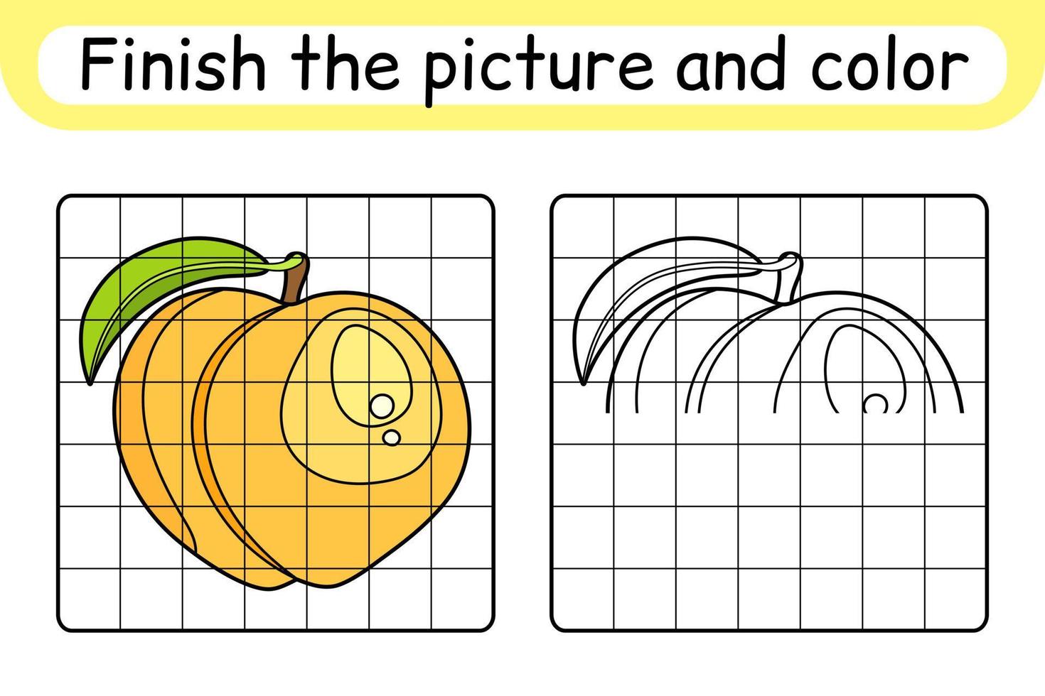 Complete the picture peach. Copy the picture and color. Finish the image. Coloring book. Educational drawing exercise game for children vector